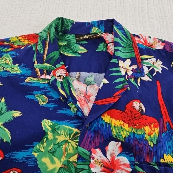 Royal Creations Hawaiian Shirt Men's XL Royal Blue Parrots Made in Hawaii EUC LN - Picture 4 of 13